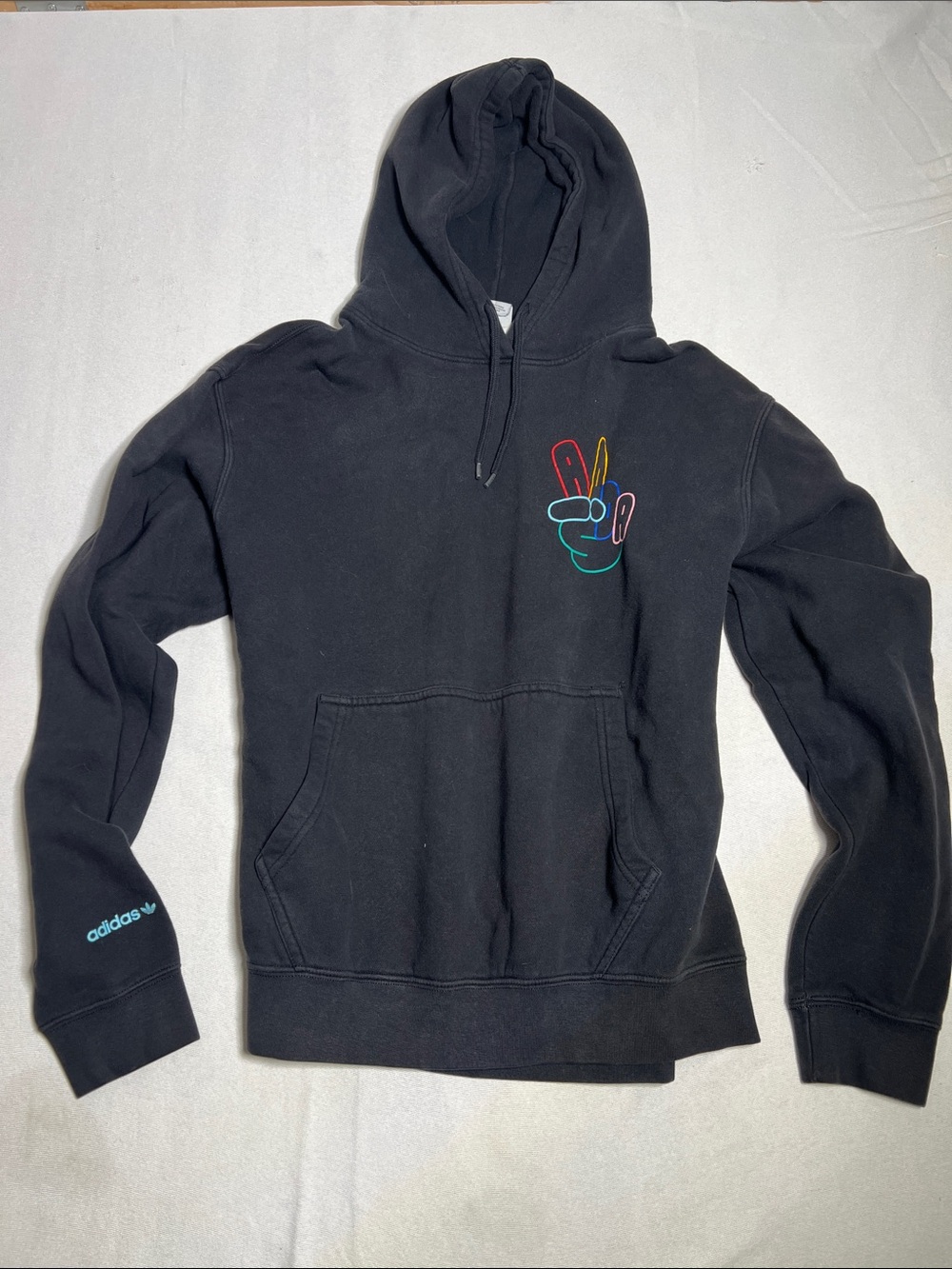 adidas Black Hoodie with Multicolor Peace Hand Graphic